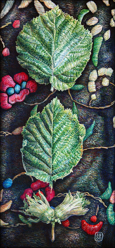Hazel leaves on Spanish embroidery