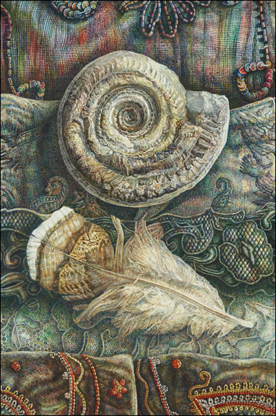 Detailed 1 of image: Composition in black with ammonite and feather